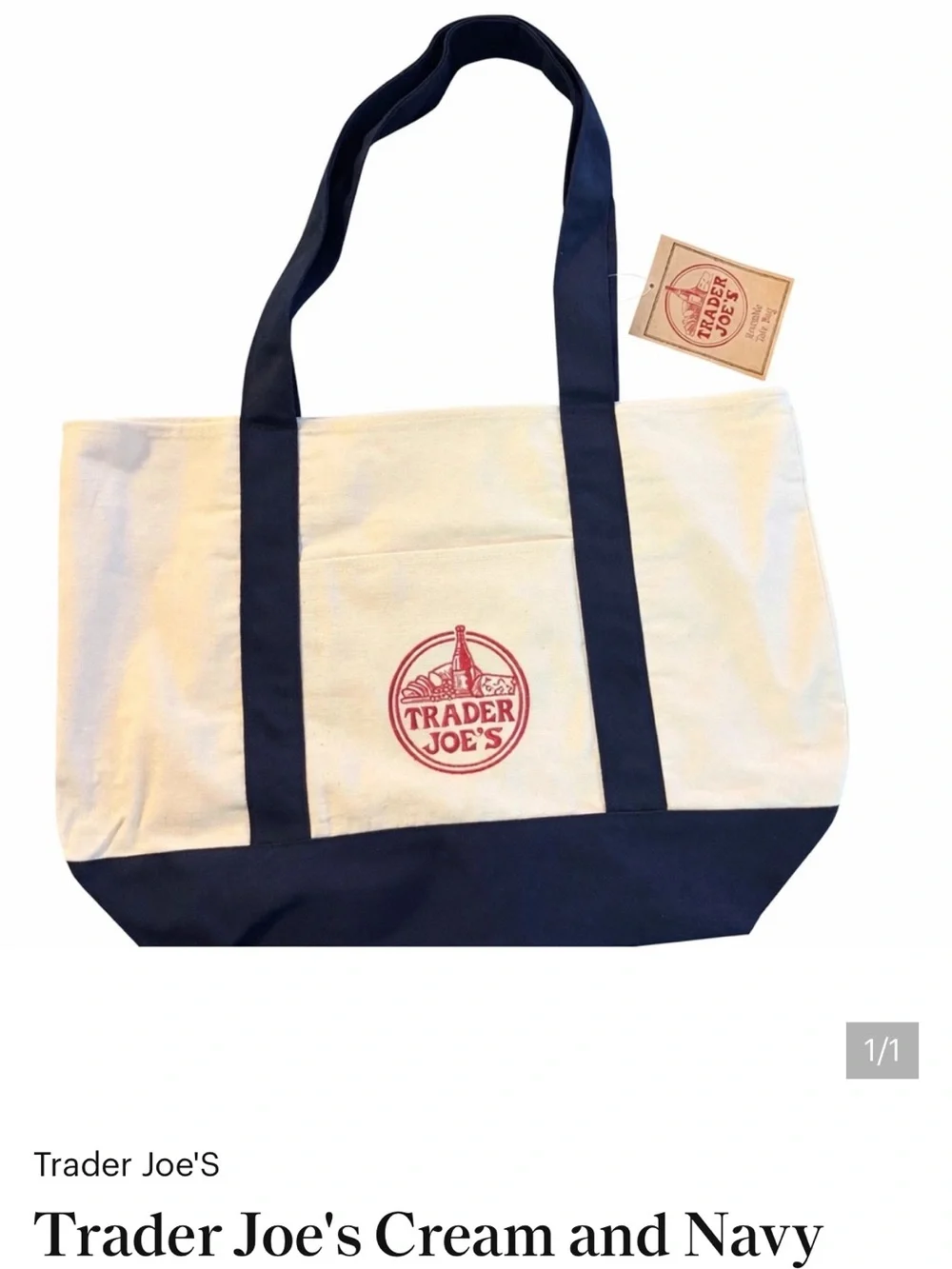Trader Joe's Natural Canvas Tote with Navy Accents